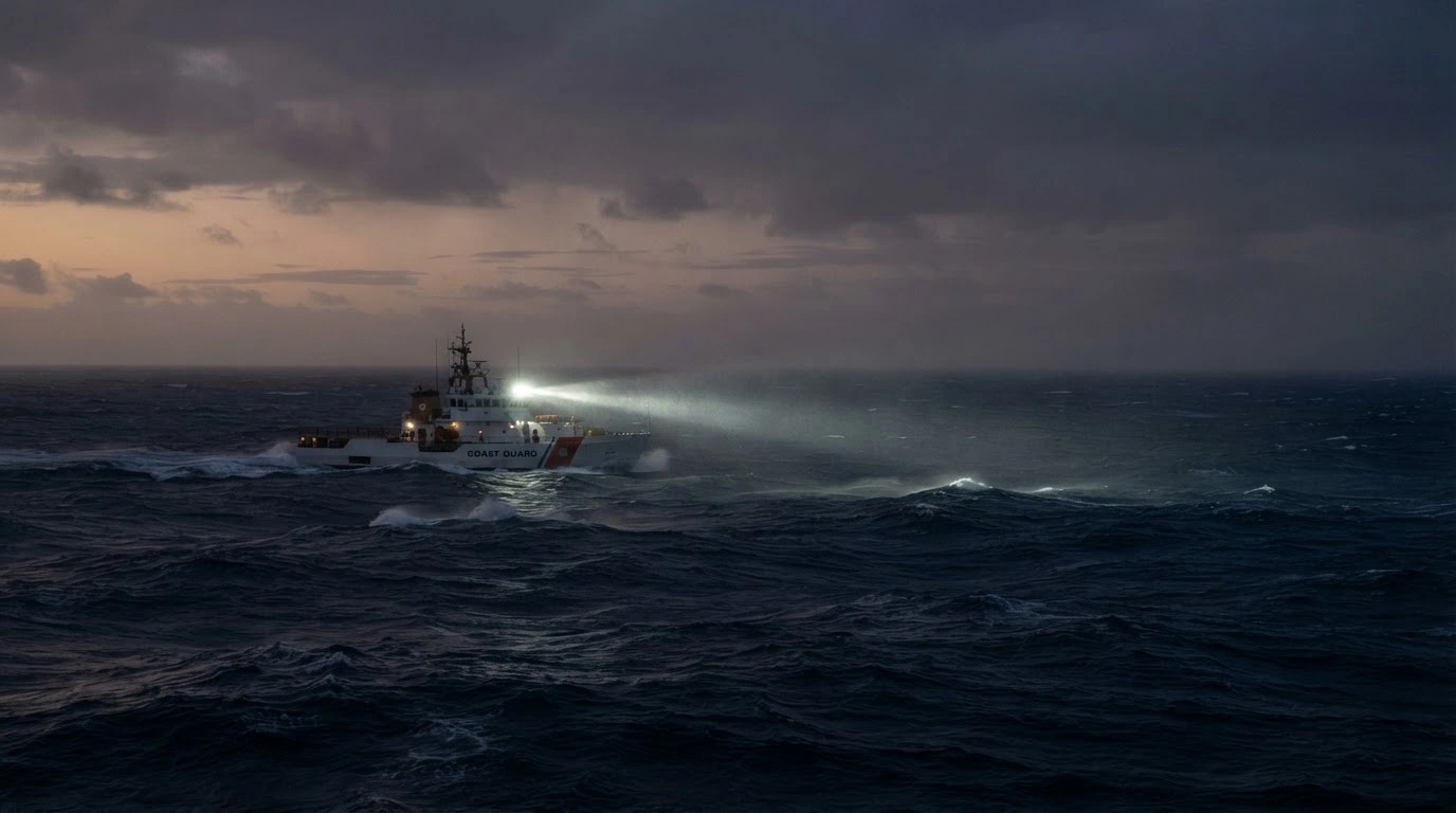 A U.S. Coast Guard vessel searches the vast Atlantic Ocean for a missing air ambulance jet that disappeared while flying from Bermuda.