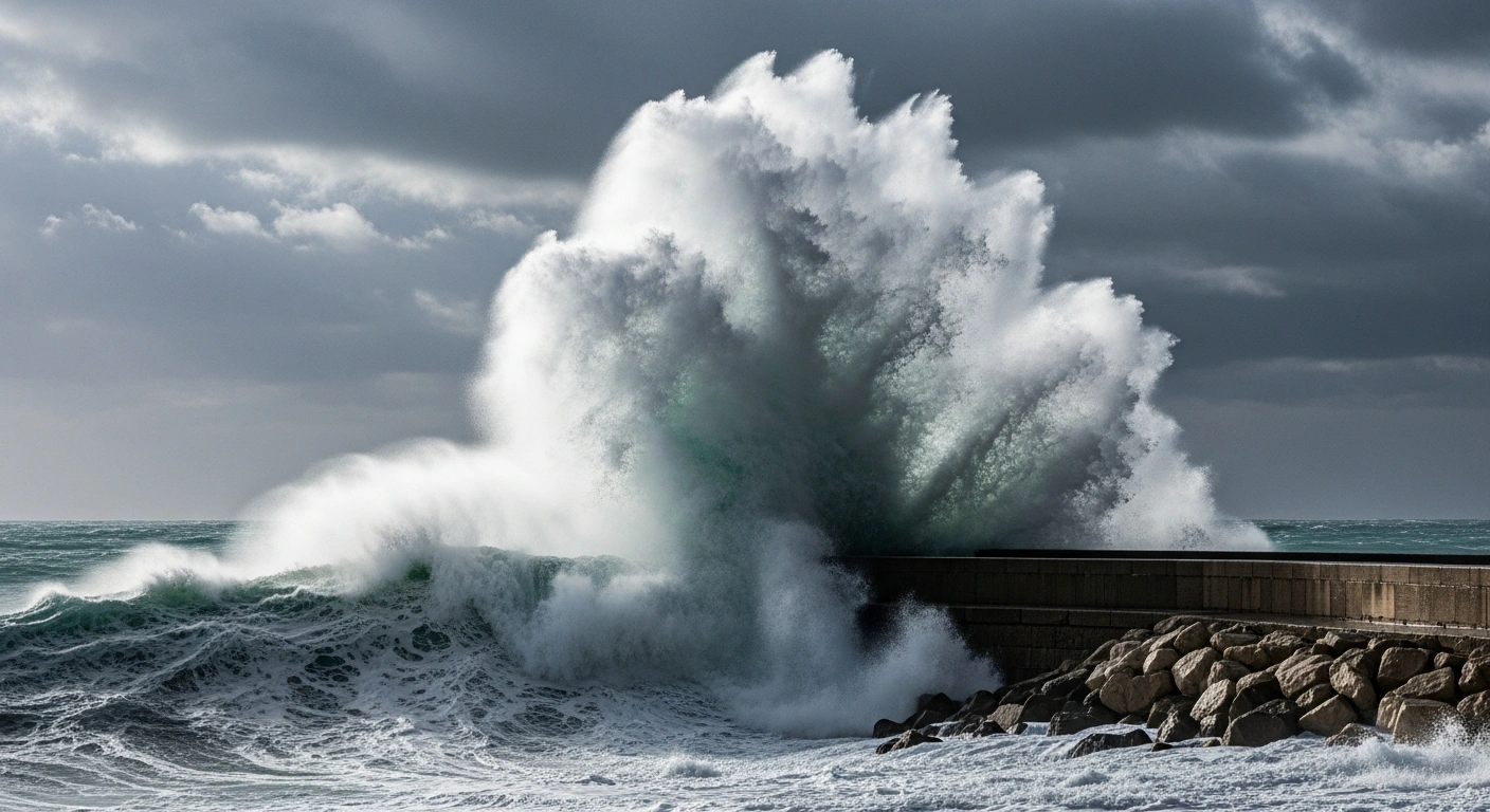 Massive, dark blue-grey waves crash violently against a rugged seawall on the Southern French coast under a heavy overcast sky, illustrating the Météo-France orange vigilance alert for coastal wave submersion in Alpes-Maritimes and Southern Corsica due to strong winds, high tides, and peak swells.