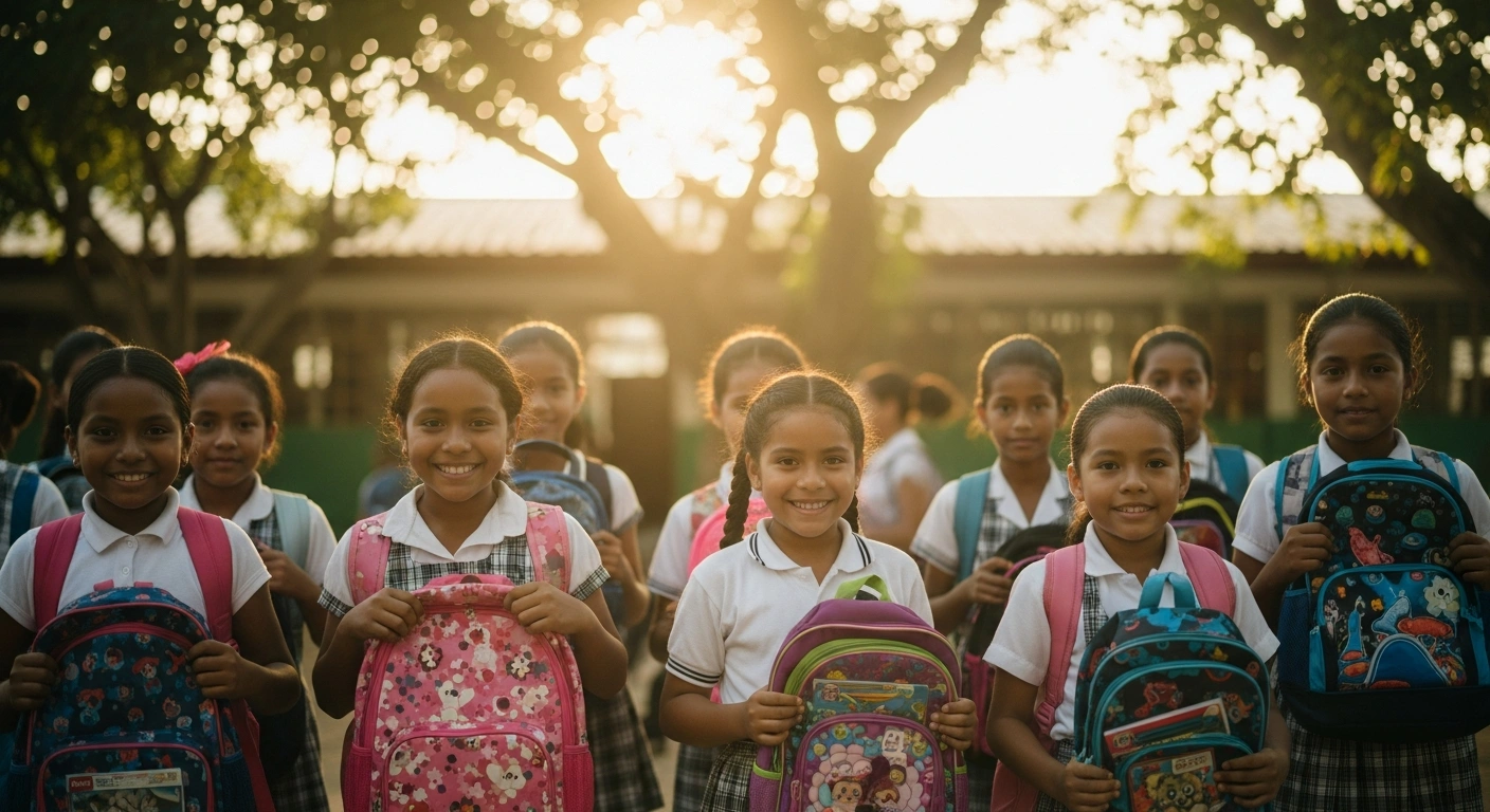 Students in the Colón province of Panama smile while holding new backpacks and school supplies provided by a Cobre Panamá distribution initiative.