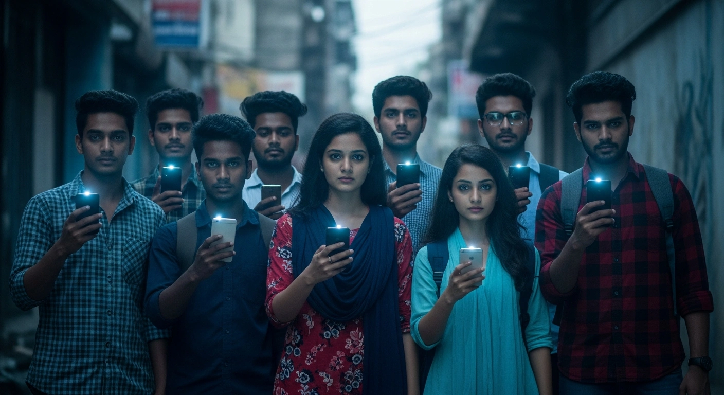 A group of young Indian people look at their smartphones in a dark urban setting to represent the viral Cockroach Janta Party parody movement and youth frustration.