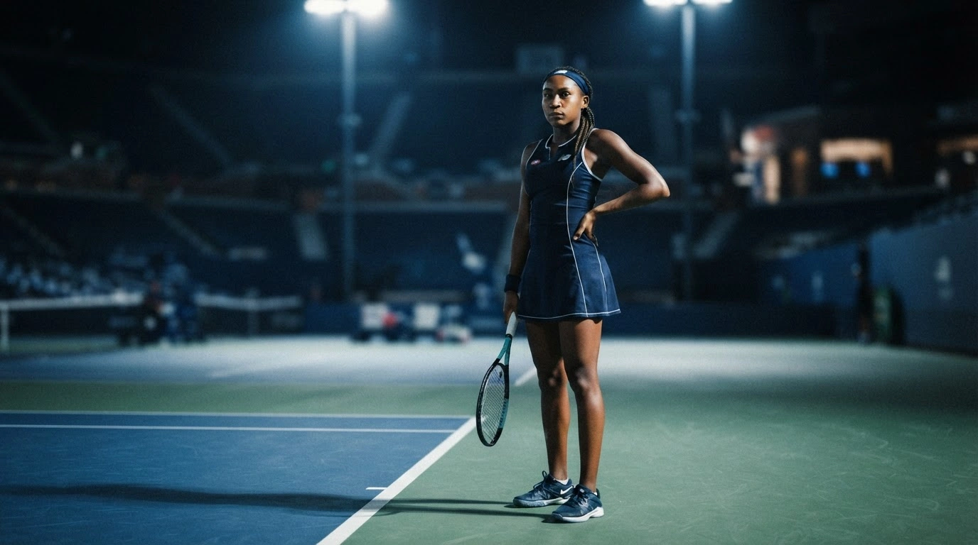 American tennis star Coco Gauff stands on a professional court in Beijing after facing online harassment following a match at the China Open.