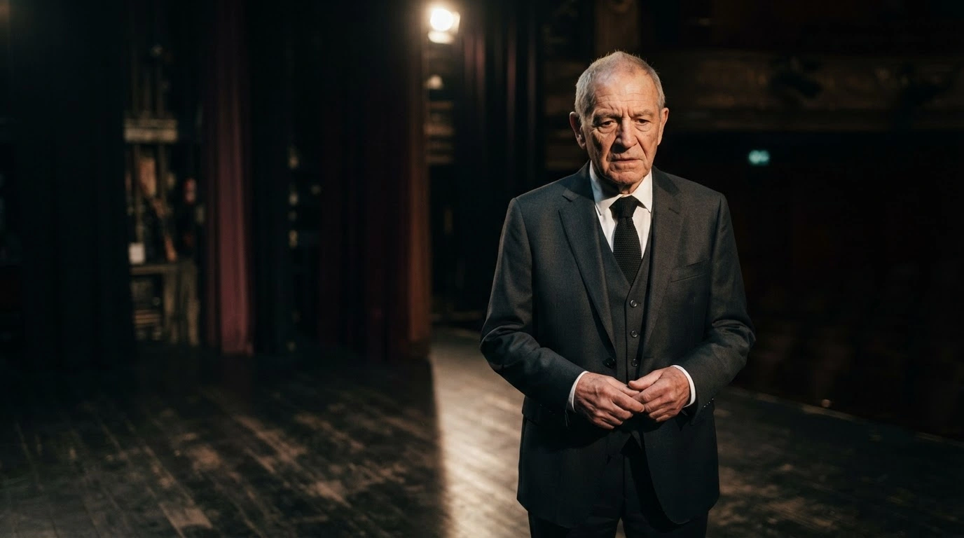 The renowned Chilean comedian Coco Legrand stands alone on a theater stage, marking his retirement from live performances after a fifty-year career.