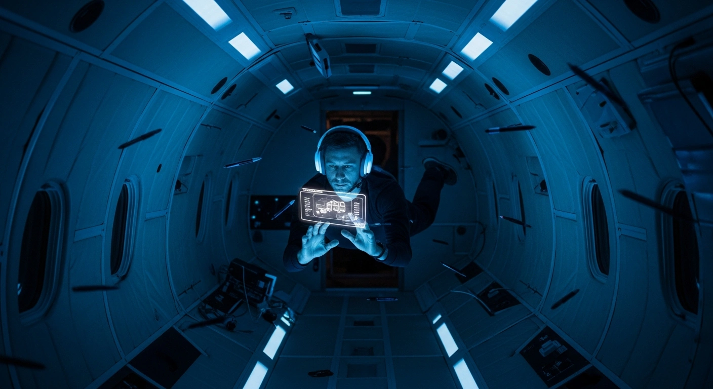 A researcher conducts cognitive performance experiments while floating in microgravity inside a zero-gravity research aircraft.