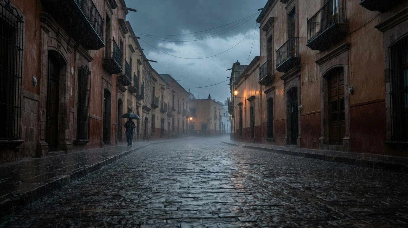 Heavy rain falls on a cobblestone street in Querétaro as Cold Front 1 brings stormy weather and cooler temperatures to Mexico.