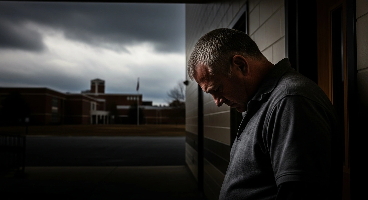 A somber, low-angle photograph shows a man with slumped shoulders in a dimly lit, austere corridor, with a blurred school building in the background, symbolizing the conviction of Colin Gray for second-degree murder and other charges related to the September 2024 school shooting that killed two students.