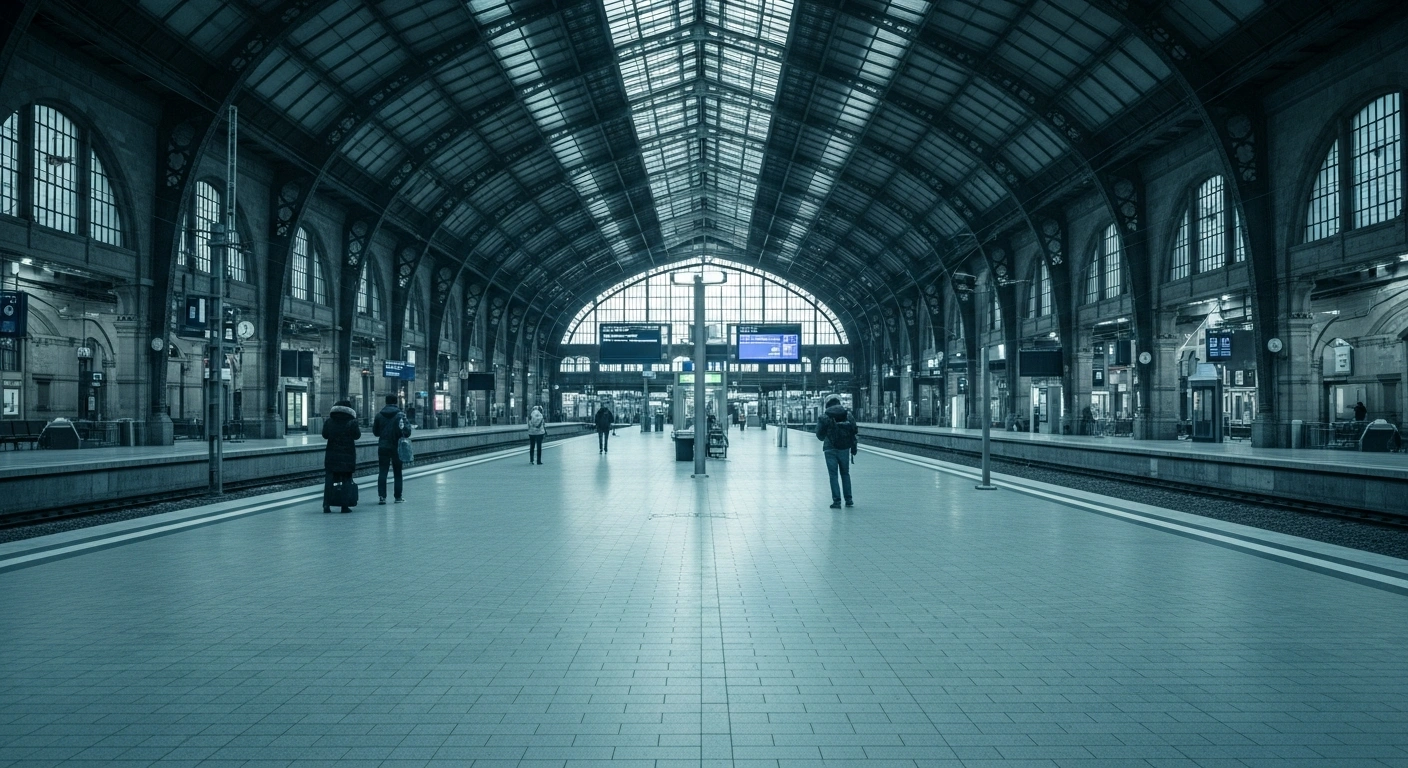 A wide, low-angle photograph captures the deserted platforms of Cologne Central Station at pre-dawn, its grand architecture silhouetted, symbolizing the vital German rail hub's closure for ten days due to a software error, leading to significant train diversions and cancellations.