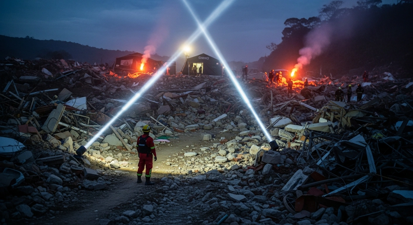 Emergency responders search through the rubble of a destroyed building in Colombia following a powerful earthquake as they look for missing Spanish citizens.