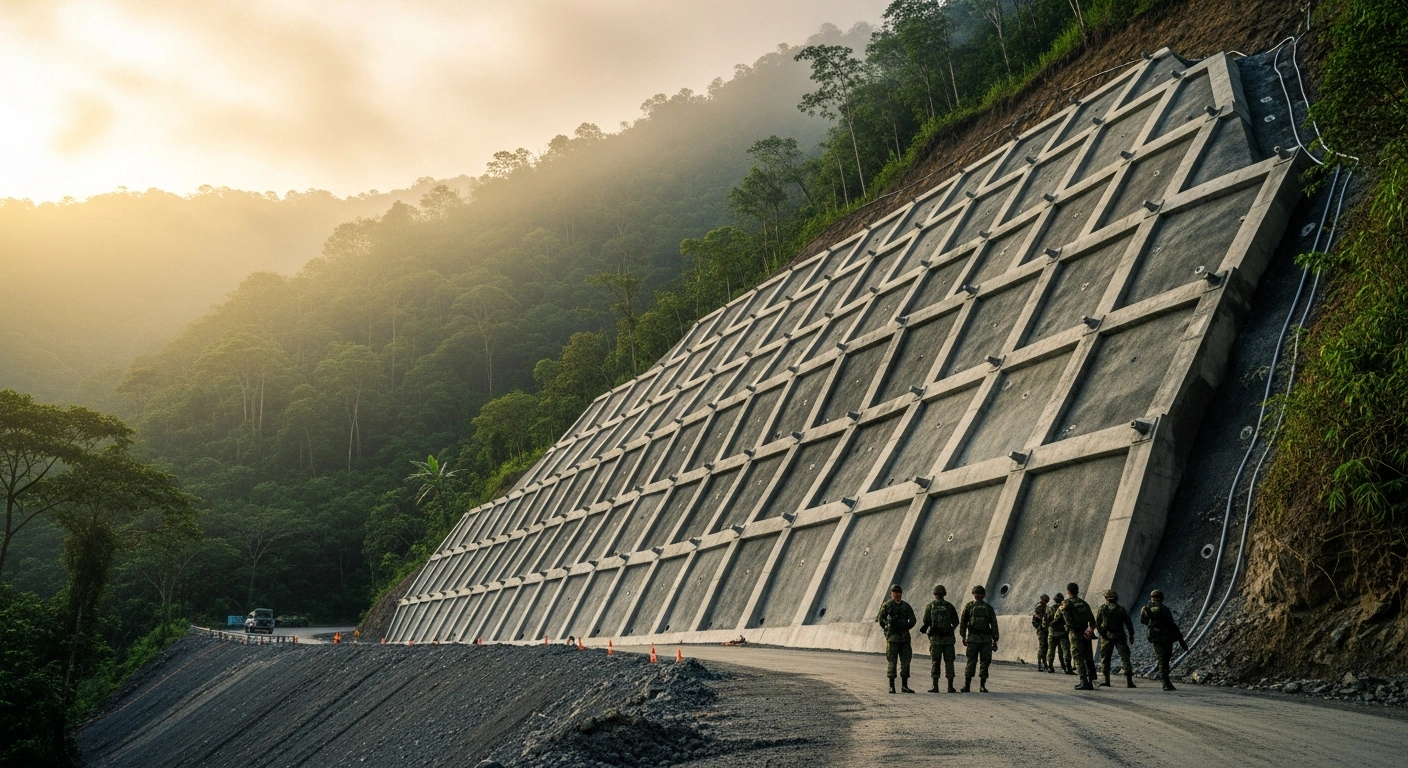 Colombian National Army soldiers stand near a newly completed 72-meter concrete retaining wall built to prevent landslides in Río Negro, Colombia.