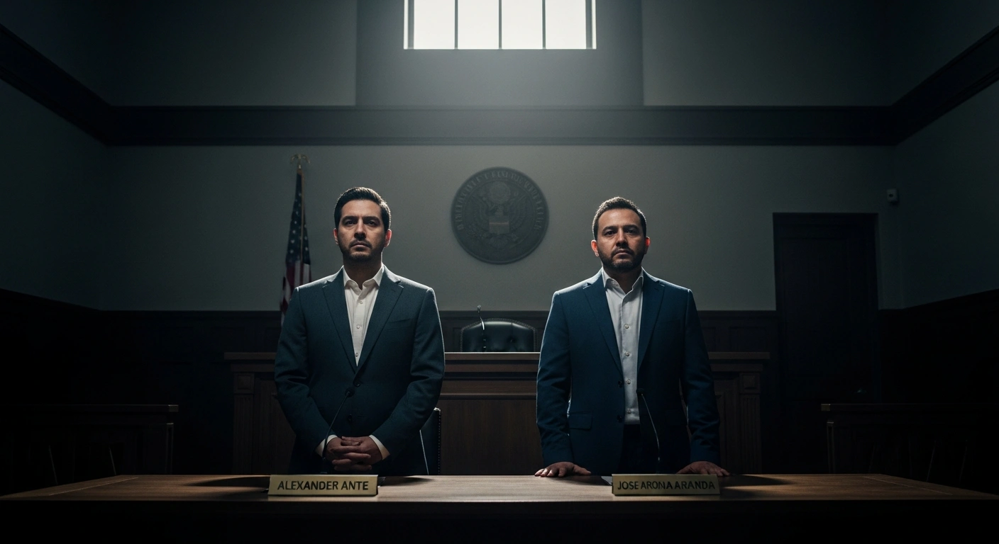 Two Colombian nationals, Alexander Ante and Jose Aron Medina Aranda, stand before a judge's bench in a dimly lit, austere courtroom, having been sentenced by a Moscow-backed court in Ukraine's occupied Donetsk region to 13 years in prison each for mercenarism with Ukrainian forces.