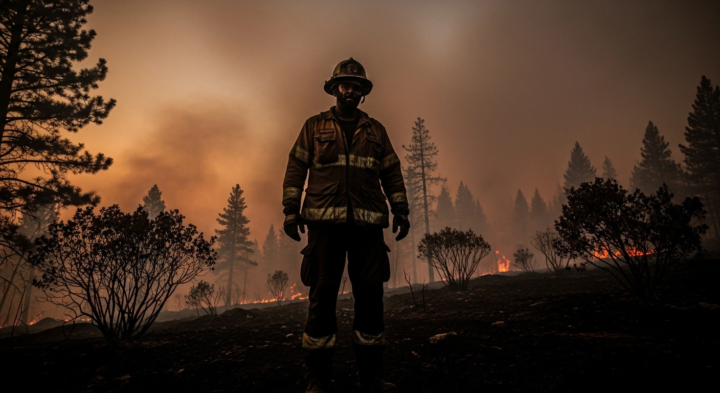 A lone firefighter stands in a smoke-filled forest in Colorado while battling the ongoing Knowles Fire.