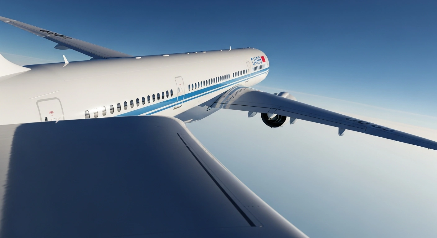 The Chinese-developed Comac C919 narrow-body passenger jet flies through the sky during its first international flight.
