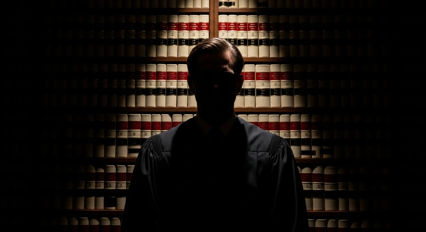 A solitary figure, representing former FBI Director James Comey, stands partially obscured by shadow before a towering wall of legal books, illuminated by a harsh spotlight, symbolizing the U.S. Justice Department's impending indictment for false testimony to Congress regarding the 2016 presidential election investigation as a statute of limitations deadline approaches.