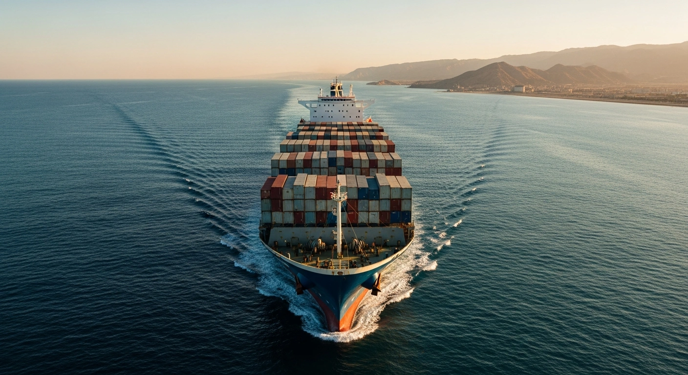 A large commercial cargo ship transits the strategic Strait of Hormuz under a golden sunset sky.