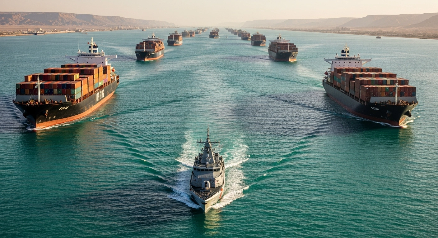A convoy of commercial cargo ships transits the Strait of Hormuz under the escort of an Iranian naval patrol vessel.