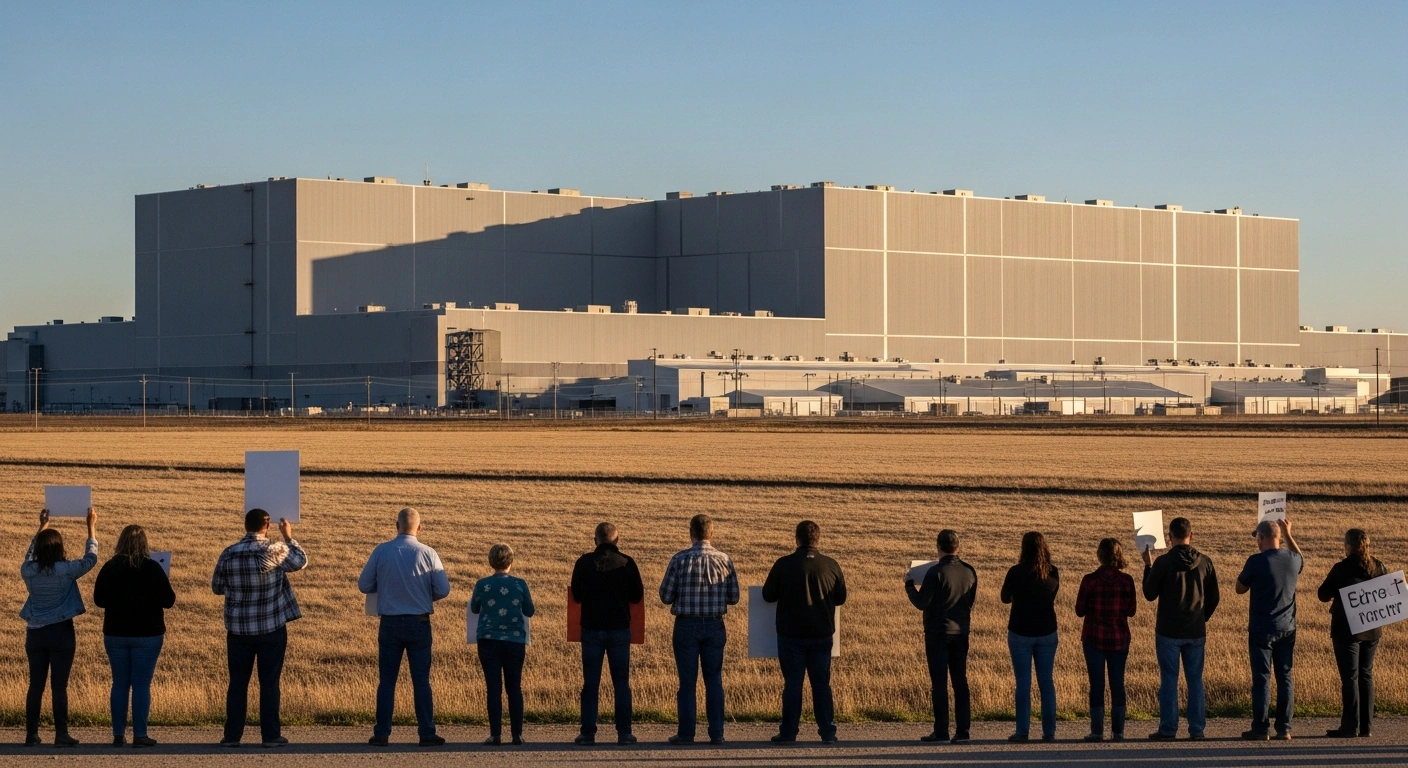 Local residents stand in a rural field protesting the construction of a massive AI data center that consumes significant electricity and water resources.