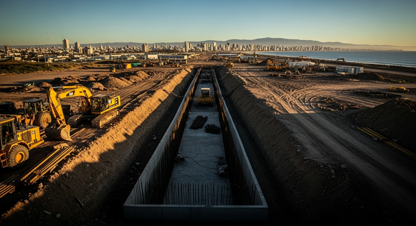 Governor Ignacio Torres oversees the construction of a new storm drainage conduit project in Comodoro Rivadavia to improve urban flood resilience.