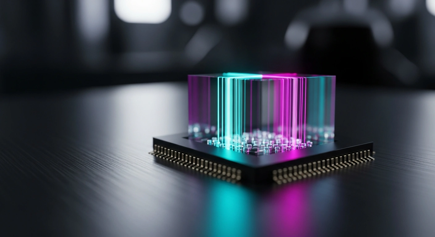 A compact optical amplifier chip glows with vibrant light as it processes signals on a laboratory workbench.