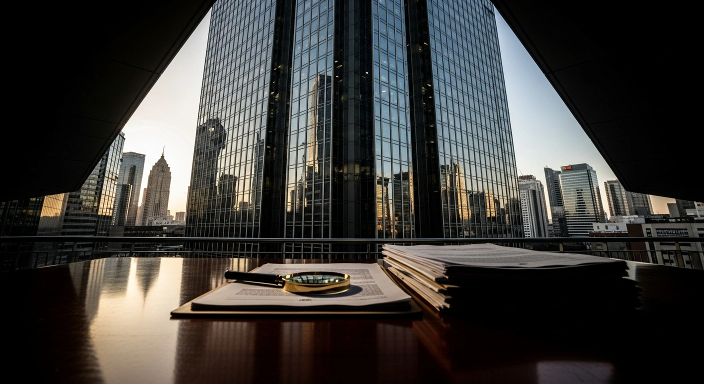 A magnifying glass rests on legal documents in front of a modern skyscraper, representing the New York Attorney General's antitrust investigation into Compass.