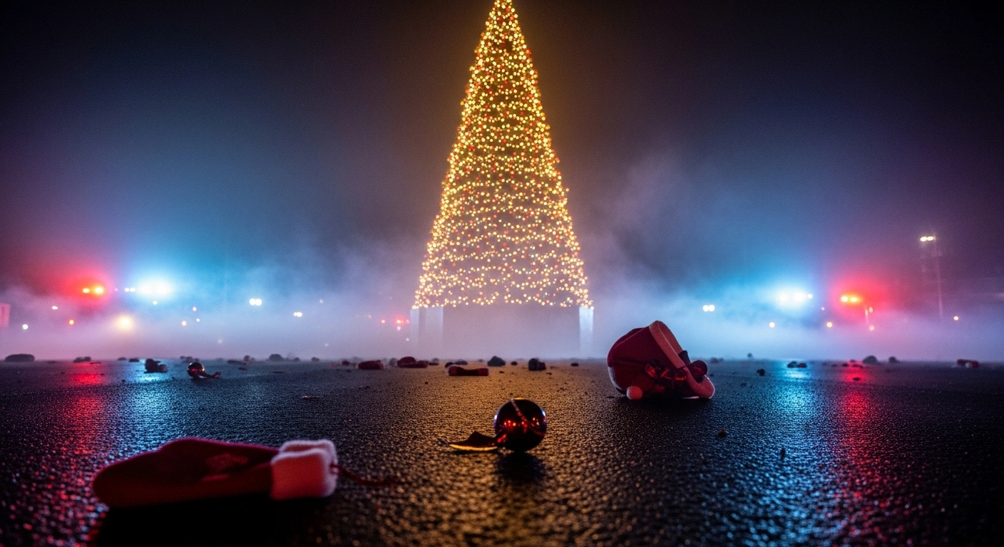 A low-angle, wide shot depicts the aftermath of a shooting during Concord, North Carolina's annual Christmas tree lighting ceremony on November 21, 2025, showing a brightly lit Christmas tree in the background and discarded festive items on the ground in the foreground, illuminated by the flashing red and blue lights of emergency vehicles, where four individuals were injured, three critically.