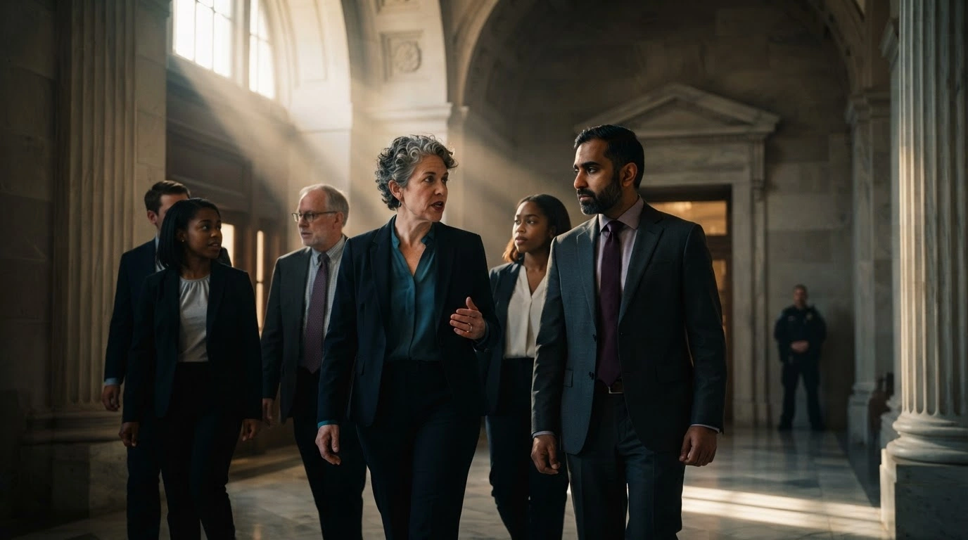 A group of Democratic members of the US Congress stands in the Capitol building to address concerns about potential interference in Brazil's upcoming elections.