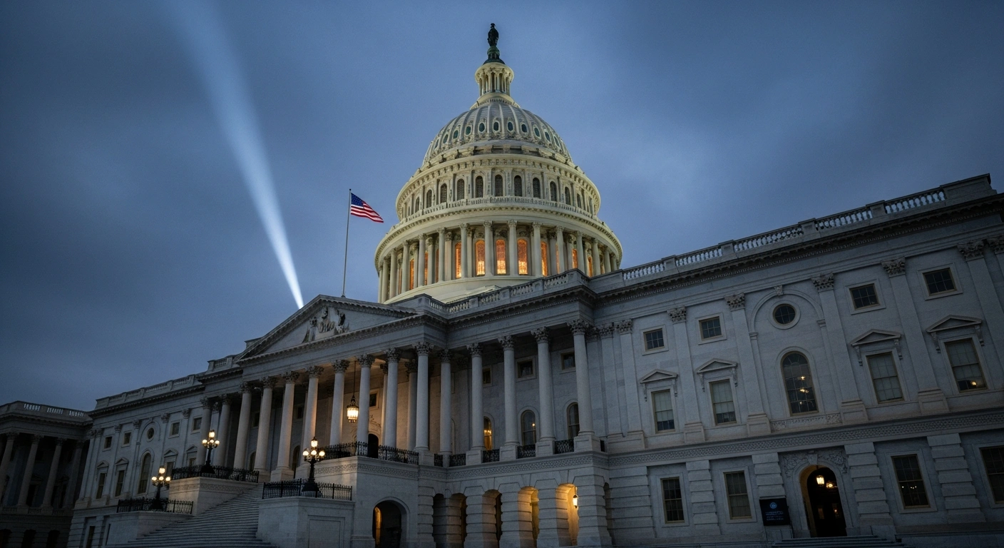 A dramatic, low-angle view of the U.S. Capitol building at twilight, with a single beam of light illuminating its entrance, symbolizing the U.S. Congress's assertion of legislative authority through an upcoming vote on a war powers resolution to prevent military action against Iran.