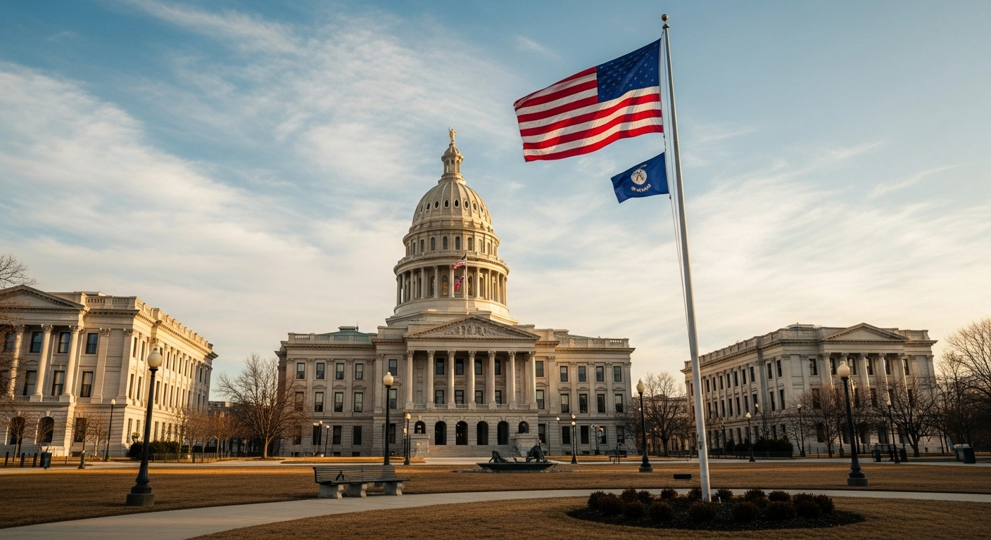 A state capitol building stands under a bright sky with an American flag waving in the foreground, representing the conservative shift in June observances by Republican governors.