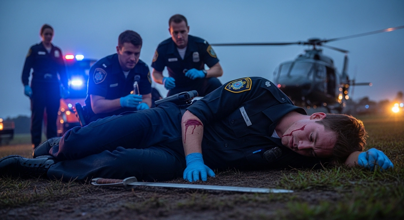 A gravely wounded probationary constable lies on the ground, illuminated by emergency vehicle lights, with a spear or sword nearby, as a medical team prepares for an airlift to Liverpool Hospital following an alleged attack in Grasmere, Camden, New South Wales.
