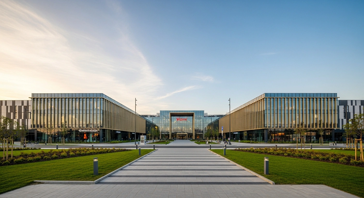 A modern retail park developed by Global Vision and Globalworth stands in Constanța, Romania, featuring contemporary architecture and landscaped outdoor areas.