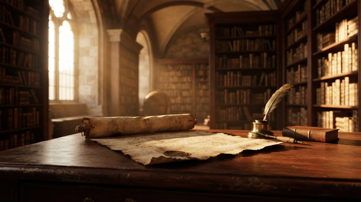 An antique parchment scroll representing the U.S. Constitution rests on a wooden desk in a historic library to commemorate Constitution Week.
