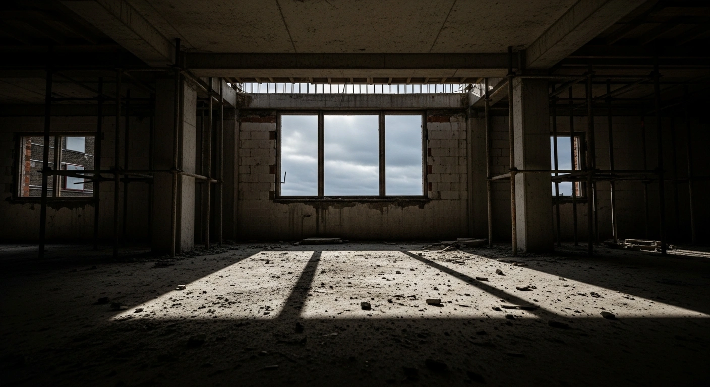 An empty, unglazed window opening at a construction site represents the site safety failures that led to a fatal fall at a Lima Construction Limited redevelopment project.