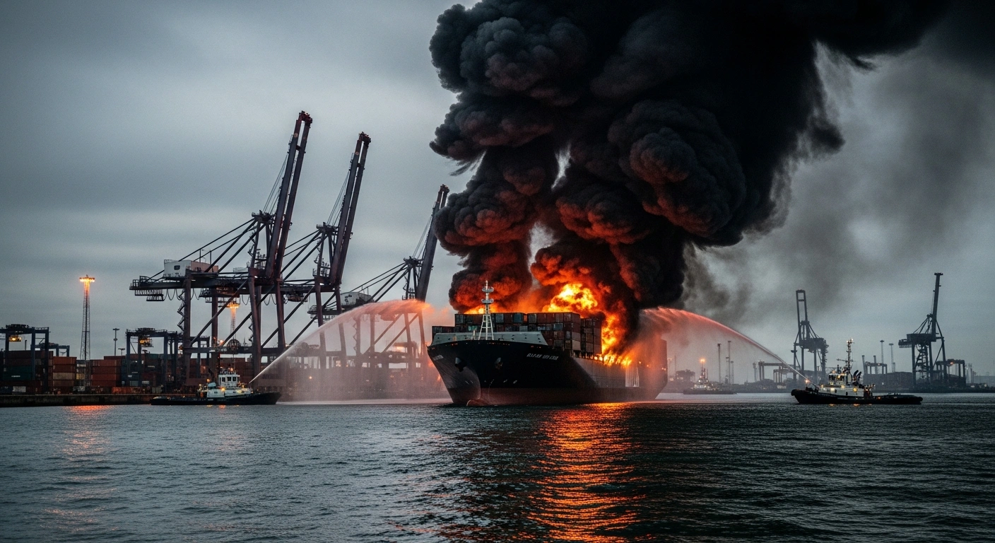 A container vessel is on fire at the Port of Yangluo in Hubei, China, following an explosion as emergency rescue teams respond to the scene.