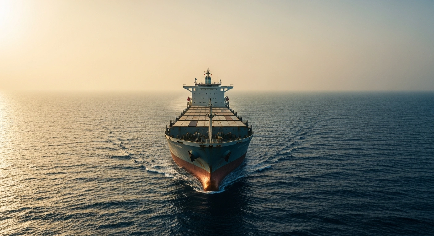 A large commercial container ship sails through the Strait of Hormuz during sunset, highlighting the region's heightened maritime security tensions.