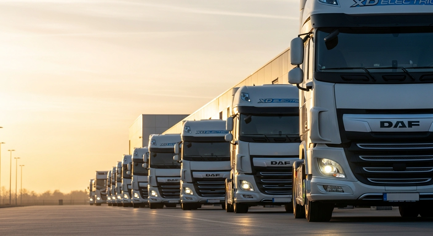 A low-angle shot at dawn shows a fleet of new DAF XD Electric trucks, with one prominent truck leading a convoy, against a misty industrial German backdrop, symbolizing German transport company Contargo's expansion of its electric fleet to 90 vehicles and its commitment to CO2 neutrality by 2045 for container transport.