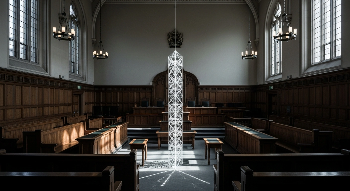 A low-angle shot of a grand, historic English courtroom with oak benches and a judge's dais, where a brilliant, crystalline structure of light at the center symbolizes the modernization of contempt of court laws in England and Wales, aiming for clearer powers and consistent application.