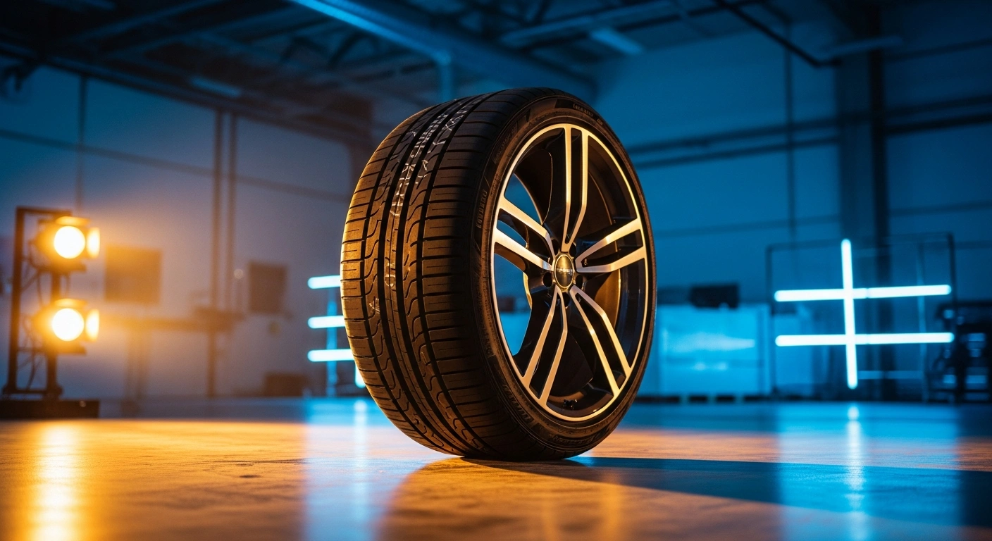 A high-performance Continental tire sits on a reflective floor in a modern laboratory, representing the company's recognition as Tire Manufacturer of the Year.
