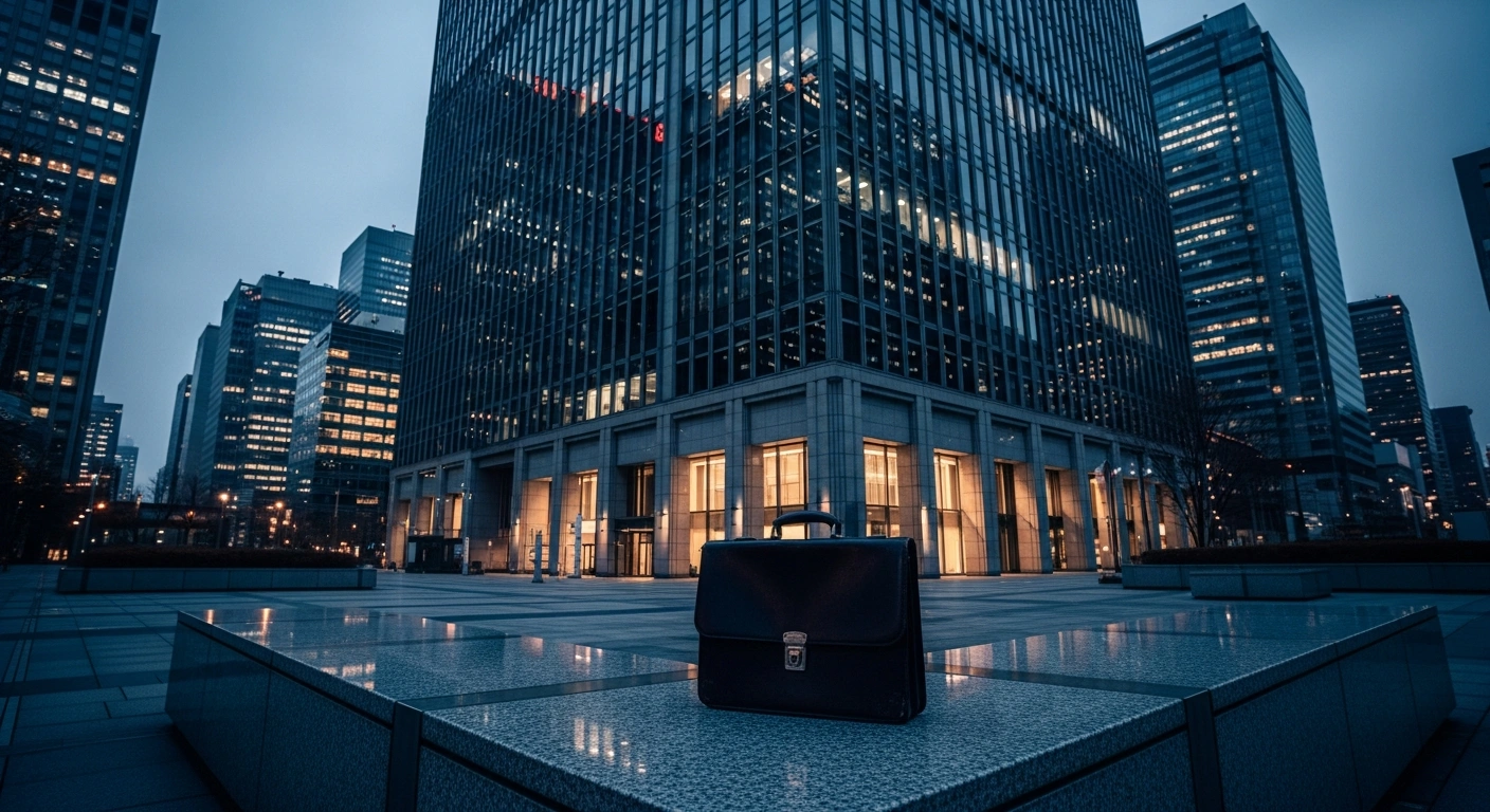 A modern office building in Tokyo represents the Japanese government evaluating the future of the struggling Cool Japan Fund amidst financial deficits.