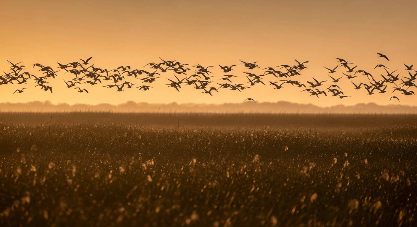A large flock of migratory birds flies over a protected wetland habitat in Brazil following the conclusion of the COP15 conference on wildlife conservation.