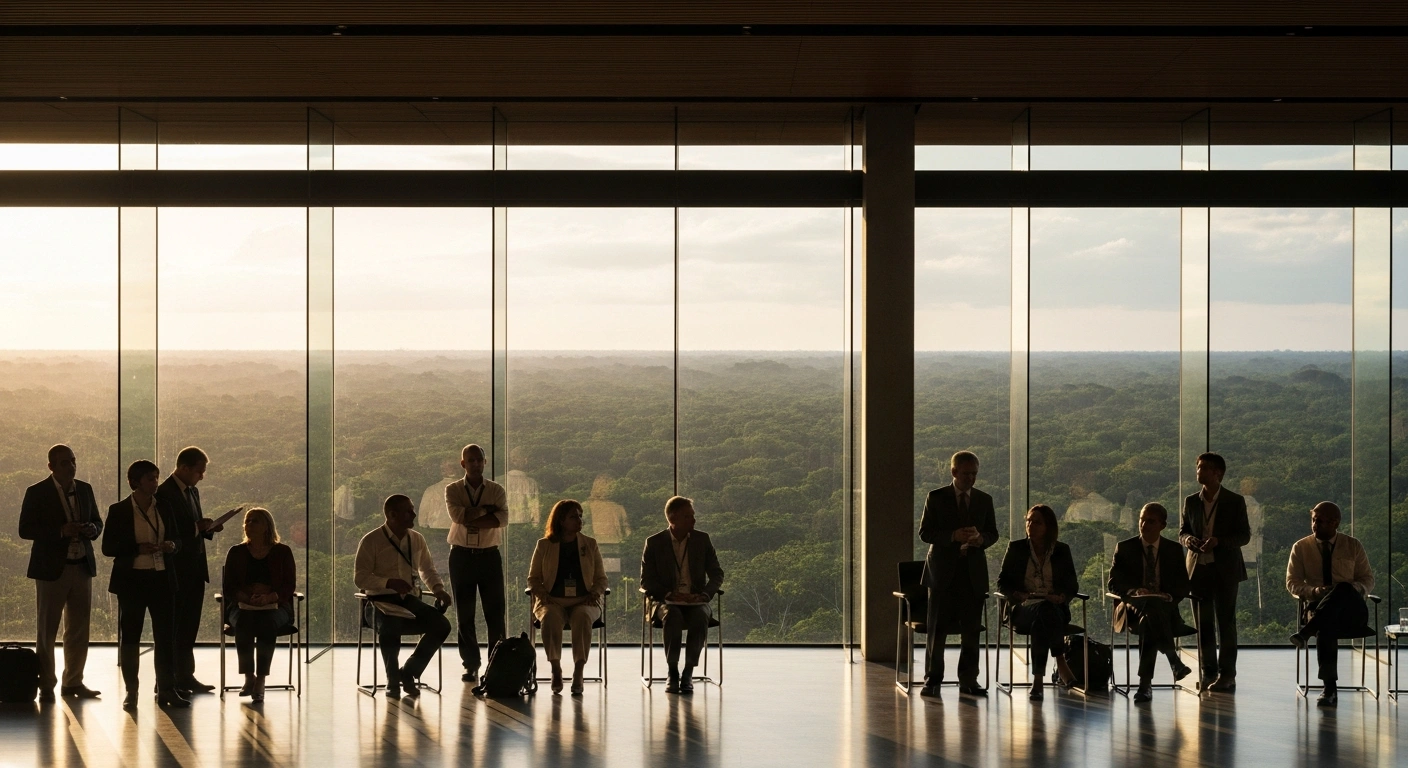 A diverse group of world leaders and experts are seen in a modern conference hall in Belém, Brazil, with large windows overlooking the Amazon rainforest, during the 30th United Nations Climate Change Conference (COP30) focused on climate challenges and biodiversity.