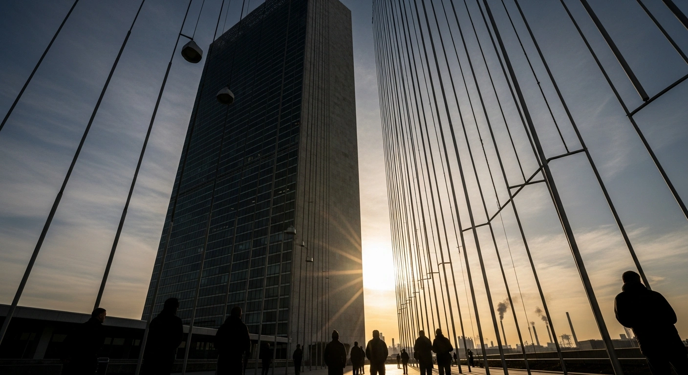 A wide-angle photograph from a low perspective shows a towering, modern structure, symbolizing the UN climate summit COP30 in Belém, Brazil, illuminated by a hopeful sunrise, while shadowed figures in the foreground look towards a distant, industrial landscape under a hazy sky, representing the mixed outcomes regarding adaptation finance for climate-vulnerable countries and the lack of a binding fossil fuel phase-out.