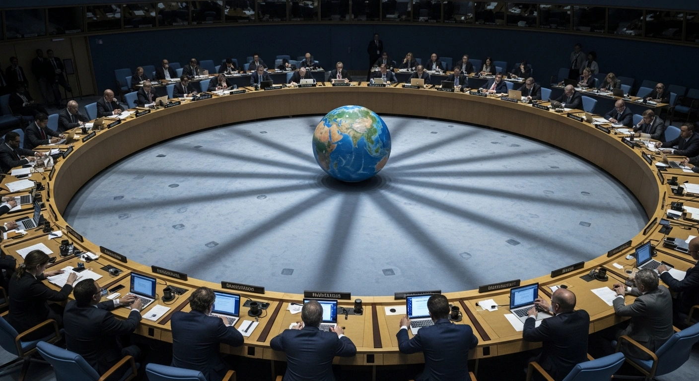 A dimly lit, circular conference room table is surrounded by exhausted delegates, their faces illuminated by laptop screens, symbolizing the deadlocked UN climate talks at COP30 in Belém, Brazil, over transitioning away from fossil fuels and the significant global divide on climate action.