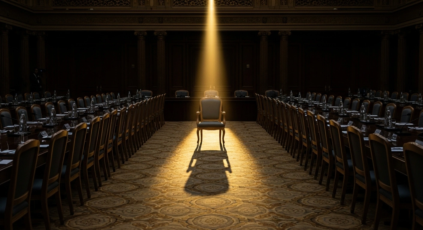An opulent, empty conference hall with a long mahogany table and numerous vacant chairs, one prominently lit by a golden beam, symbolizing the reduced attendance and lack of inclusivity at the COP30 climate summit in Belém, Brazil, due to exorbitant hotel prices affecting United Nations staff, developing nations, and civil society.