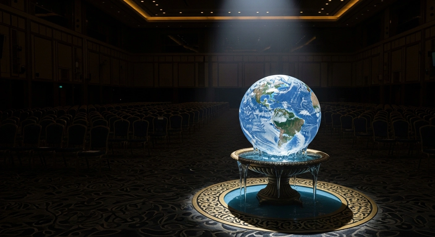 A dimly lit, empty conference hall with rows of vacant chairs features a large, melting ice sculpture of the Earth, illuminated by a single spotlight, symbolizing global climate ambition concerns and delayed Nationally Determined Contributions (NDCs) from major emitters like the EU and China, ahead of COP30 climate talks and the 1.5°C target.