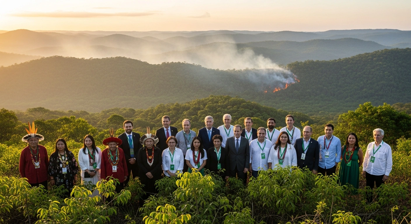 A diverse group of global leaders and Indigenous elders stand united on a verdant forest ridge at dawn, overlooking a distant, controlled burn, symbolizing international cooperation and proactive wildfire prevention strategies discussed at the COP30 Leaders' Summit in Belém, Brazil.