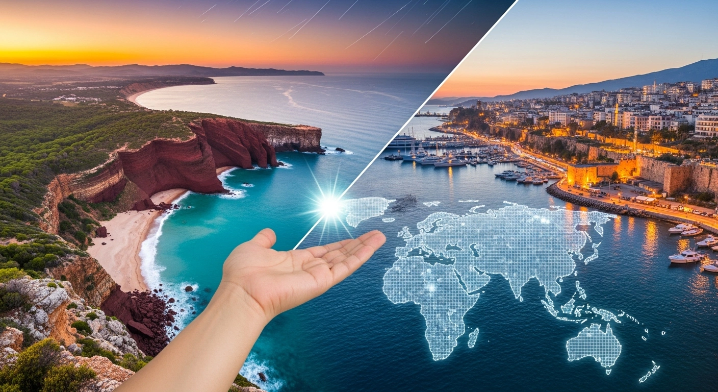 A wide-angle, photorealistic image depicting a sun-drenched Australian coastline transitioning into a twilight scene of Antalya, Turkey, with a glowing map of the Pacific in the foreground, symbolizing the shift of the COP31 climate conference hosting and upcoming negotiations led by Australia's Climate Change Minister Chris Bowen.