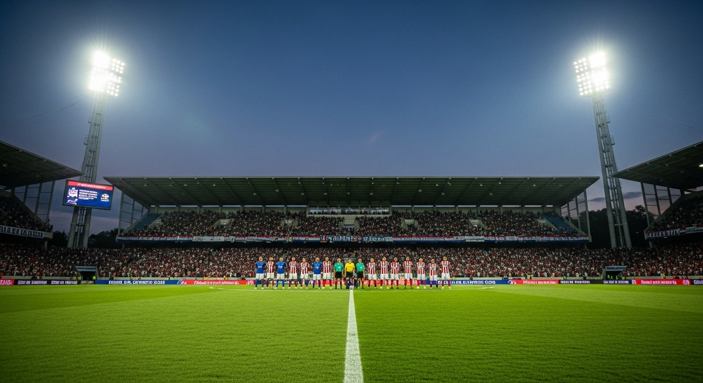 A wide, low-angle view of a football pitch under dramatic stadium lights at dusk, showing two distinct teams, Club Guarani and Club Libertad, poised for their highly anticipated 2025 Copa Paraguay Round of 16 match at Estadio Erico Galeano in Capiatá, Paraguay.