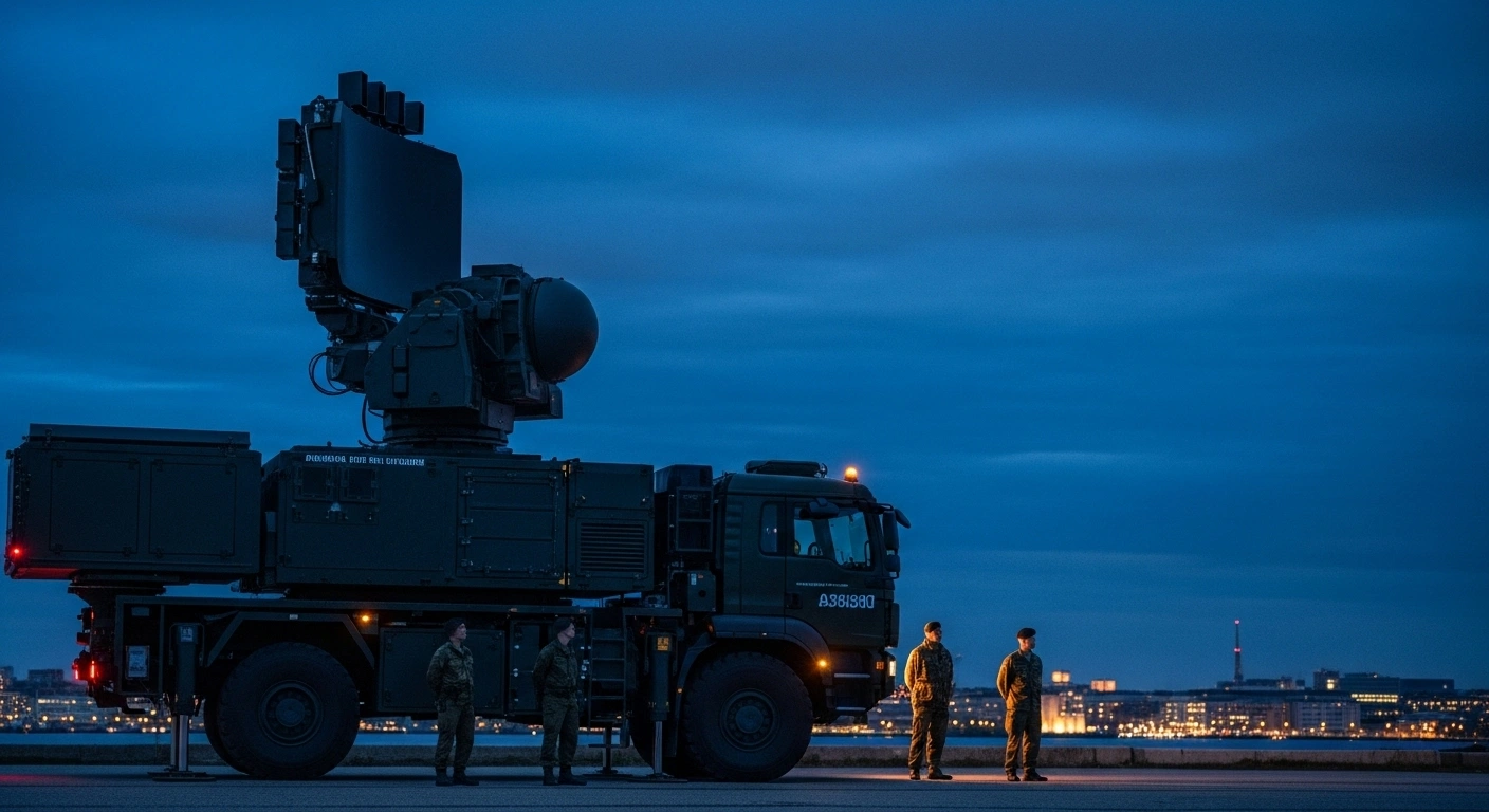 An advanced mobile anti-drone system, deployed by French, German, and Swedish military personnel, scans the twilight sky over Copenhagen, illuminated by tactical floodlights, to bolster security against drone incursions for upcoming European summits.