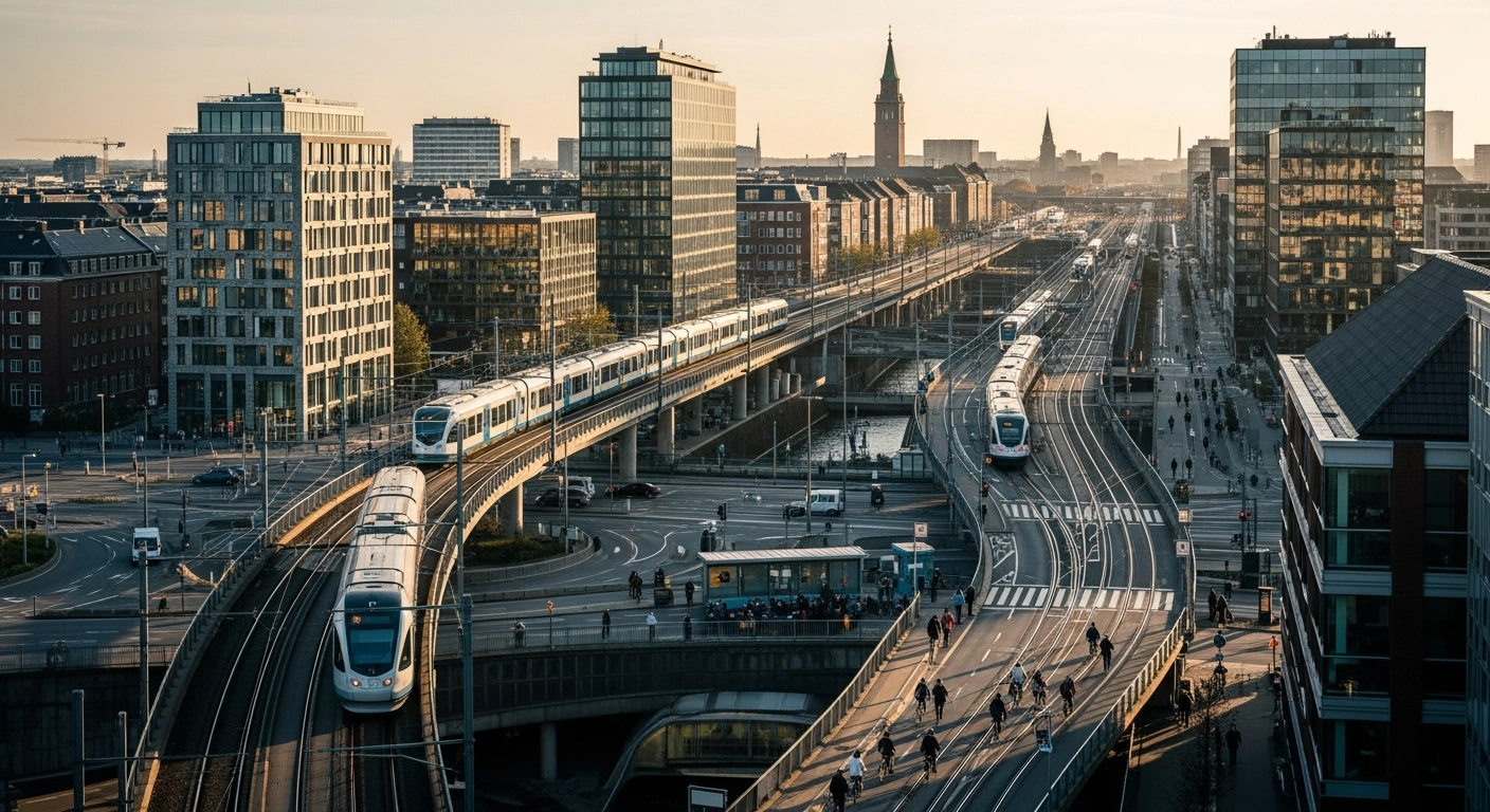A wide-angle view of Copenhagen's modern transportation infrastructure featuring electric trains and cycling paths to accommodate future travel demand.
