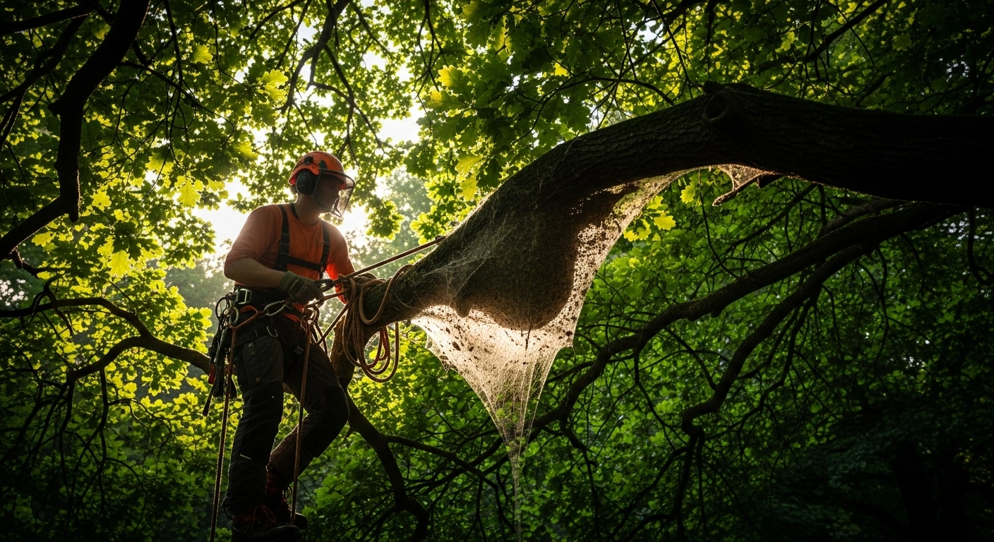 An arborist in protective clothing removes invasive oak processionary moth nests from a tree in a Copenhagen park.