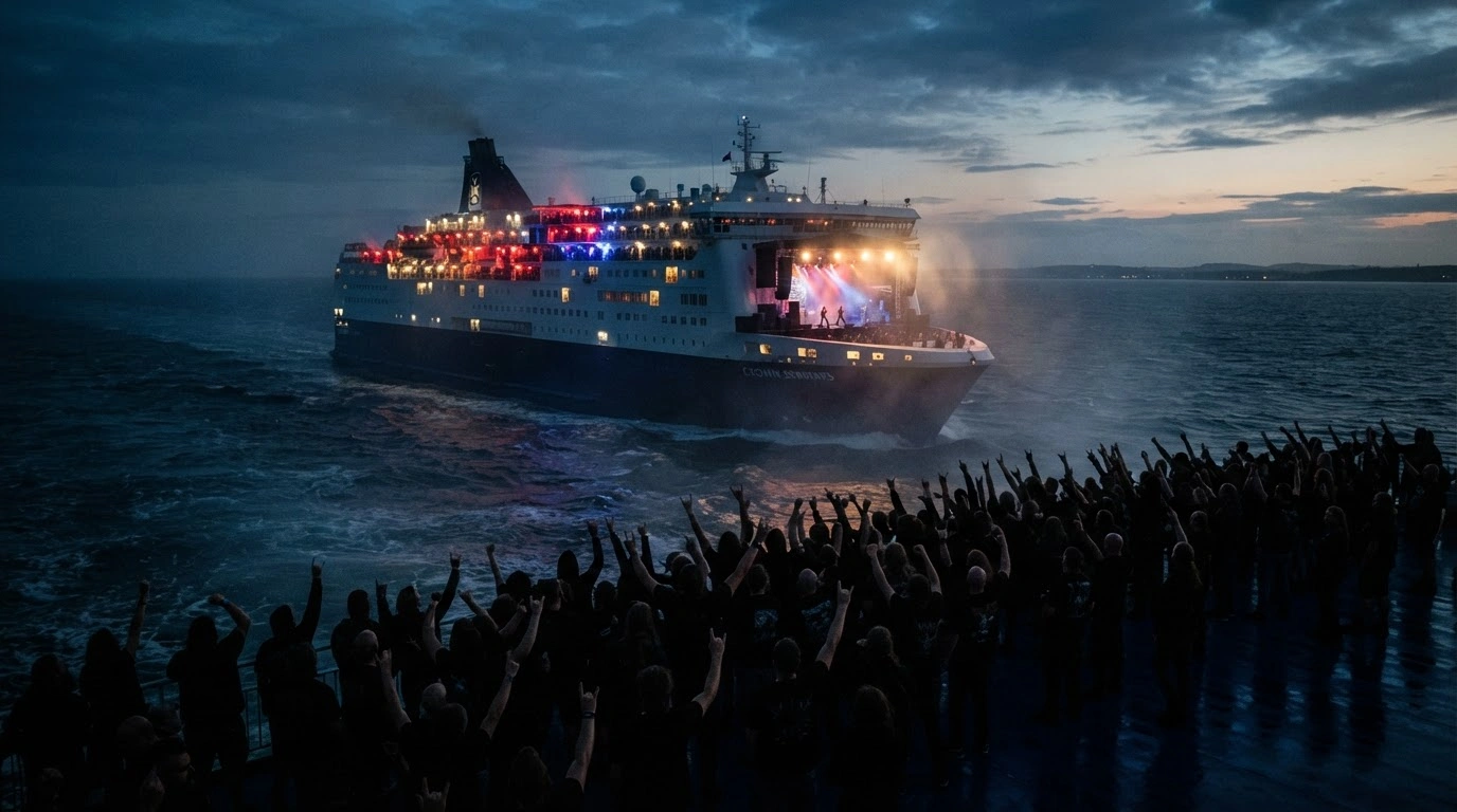 A large ferry carrying heavy metal fans for the Copenhell Metal Cruise sails through the dark sea between Copenhagen and Oslo.