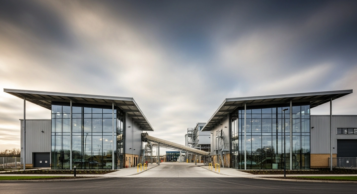 A modern plastic recycling plant nears completion in Corby, Northamptonshire, as part of the United Kingdom's circular economy infrastructure.